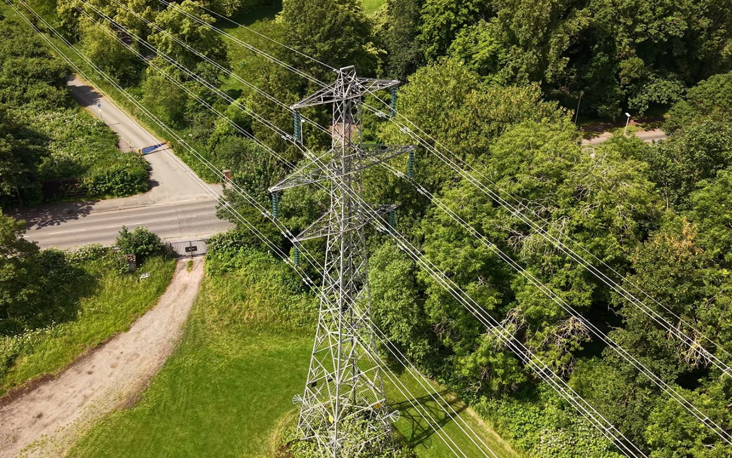 Landscape view of power pylon surrounded by greenery